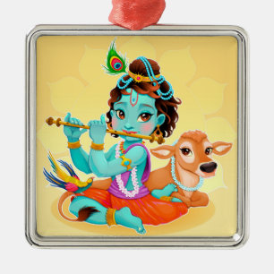 Adorno Metálico Curte Tiny Krishna & Cow