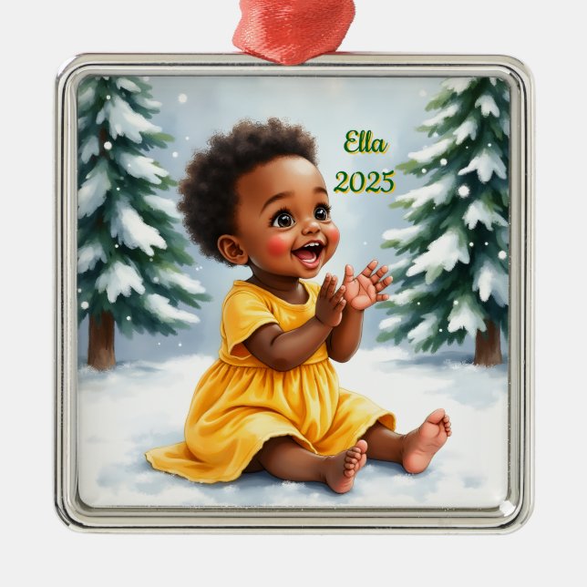 Adorno Metálico Custom Christmas Baby Girl Sitting In Snow (Frente)