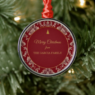 Adorno Metálico Custom Crimson Dusty Rose Damask Christmas.