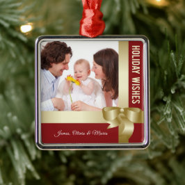 Adorno Metálico Custom Name & Photo Holiday Red, Gold Bow