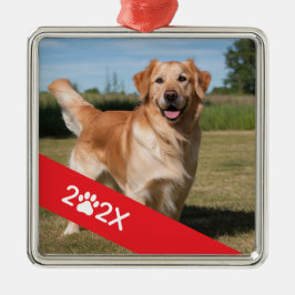 Adorno Metálico Custom Pet Photo with Year and Paw Ribbon