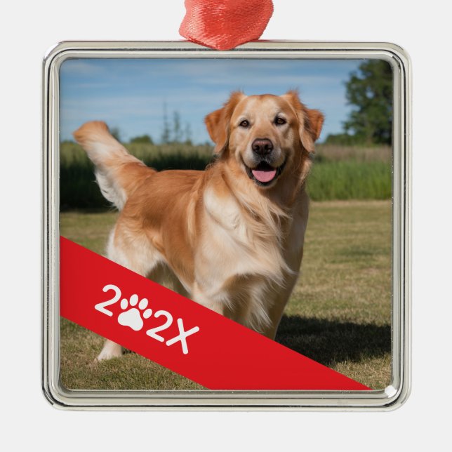 Adorno Metálico Custom Pet Photo with Year and Paw Ribbon (Frente)