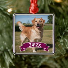 Adorno Metálico Custom Pet Photo with Year and Paw Ribbon