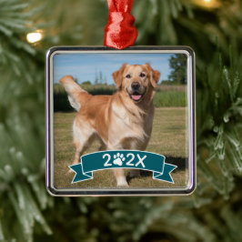 Adorno Metálico Custom Pet Photo with Year and Paw Ribbon