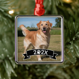 Adorno Metálico Custom Pet Photo with Year and Paw Ribbon
