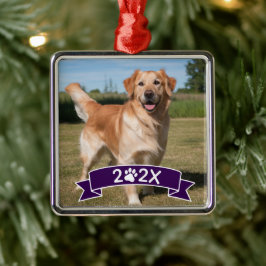 Adorno Metálico Custom Pet Photo with Year and Paw Ribbon