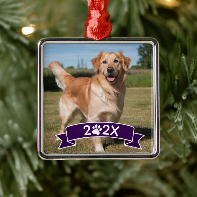 Adorno Metálico Custom Pet Photo with Year and Paw Ribbon (Árbol)