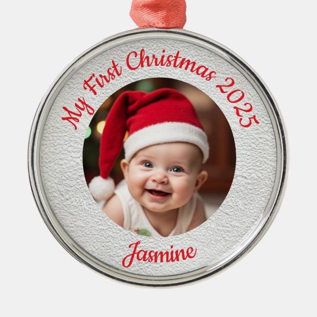 Adorno Metálico Customisable Baby's First Christmas Premium Round (Frente)
