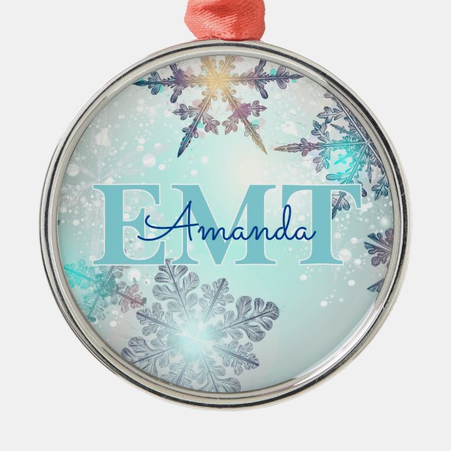 Adorno Metálico Cute EMT Ice Blue Snowflake Personalized Name  (Frente)