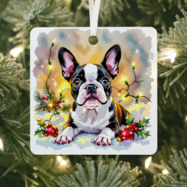 Adorno Metálico Cute Festive Boston Terrier Personalized Christmas