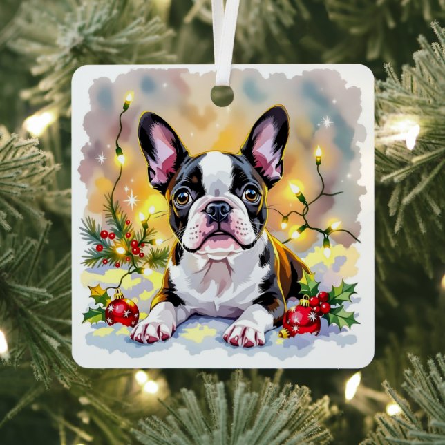 Adorno Metálico Cute Festive Boston Terrier Personalized Christmas (in situ)