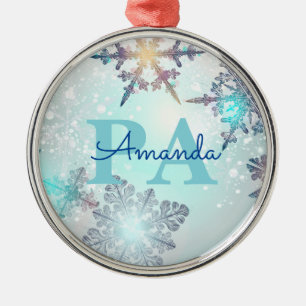 Adorno Metálico Cute Ice Azul Copo de Nieve Nombre Personalizado P
