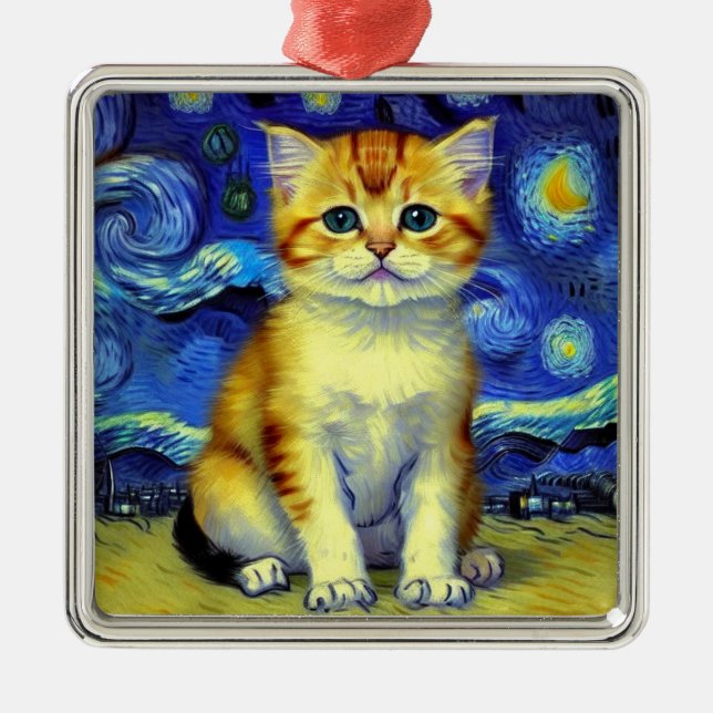 Adorno Metálico Cute Kitten Starry Night Van Gogh (Frente)