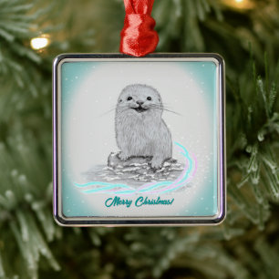 Adorno Metálico Cute Nutria Blanca de Mar Bebé, Feliz Navidad