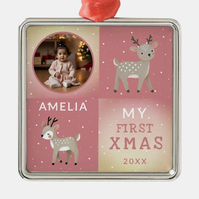 Adorno Metálico Cute Personalized Baby Photo Reindeer Christmas (Frente)