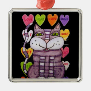 Adorno Metálico Cute Purple Cat Green Eyes Candy Hearts Black