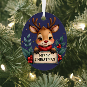 Adorno Metálico Cute Reno de Navidad con Acebo y Letrero