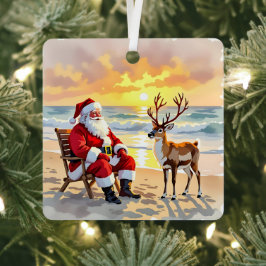 Adorno Metálico Cute Santa on Beach with Reindeer Personalized
