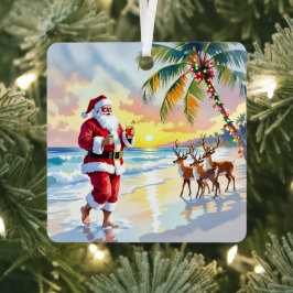 Adorno Metálico Cute Santa on Beach with Reindeer Personalized