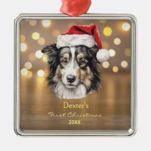 Adorno Metálico Cute Shetland Shepard Cuppy Dog Santa Hat Paw