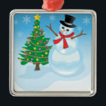 Adorno Metálico Cute Snowman<br><div class="desc">Un muñeco de nieve con copos de nieve y un árbol de Navidad adornado es tan festivo para las vacaciones.</div>