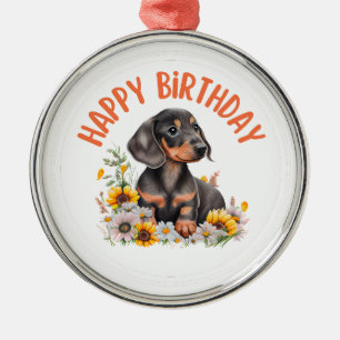 Adorno Metálico Dachshund Feliz Cumpleaños