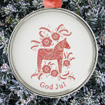 Adorno Metálico Dala Horse God Jul<br><div class="desc">Pintura festiva en rojo y blanco de un caballo de Dala sueco. Cambie o retire el saludo de Dios al personalizar. Arte original de Nic Squirrell.</div>