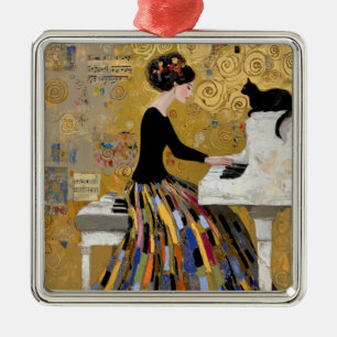 Adorno Metálico Dama de Klimt al piano con gato negro en oro