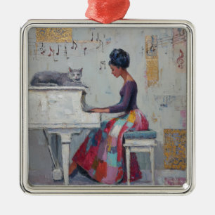 Adorno Metálico Dama de piano brillante púrpura gris gato