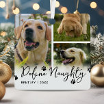 Adorno Metálico Definir a los Navidades Mascotas traviesos<br><div class="desc">Ornamento de navidad mascota con 3 fotos personalizados de tu perro o gato,  el gracioso dicho "define traviesa",  el nombre de tus mascotas y el año.</div>