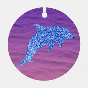 Adorno Metálico Delfín Purpurina Azul En Mar Rosa Y Púrpura