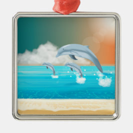 Adorno Metálico delfines respirando en el océano