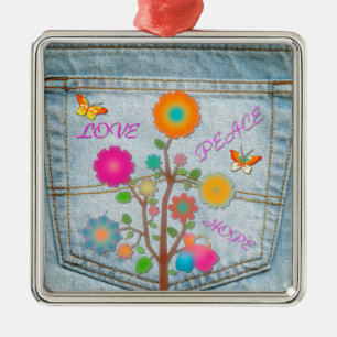Adorno Metálico Denim Back Pocket Flowers Peace Love Hope
