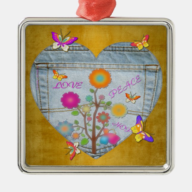 Adorno Metálico Denim Pocket Heart Flowers Butterflies Metalizado  (Frente)