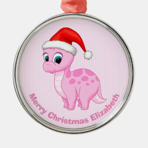 Adorno Metálico Dinosaurio de bebé rosado con Santa Hat