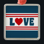 Adorno Metálico Diseño de amor<br><div class="desc">Diseño de amor con forma de corazón en estilo náutico sobre fondo rayado azul,  rojo y blanco</div>
