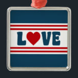 Adorno Metálico Diseño de amor<br><div class="desc">Diseño de amor con forma de corazón en estilo náutico sobre fondo rayado azul,  rojo y blanco</div>