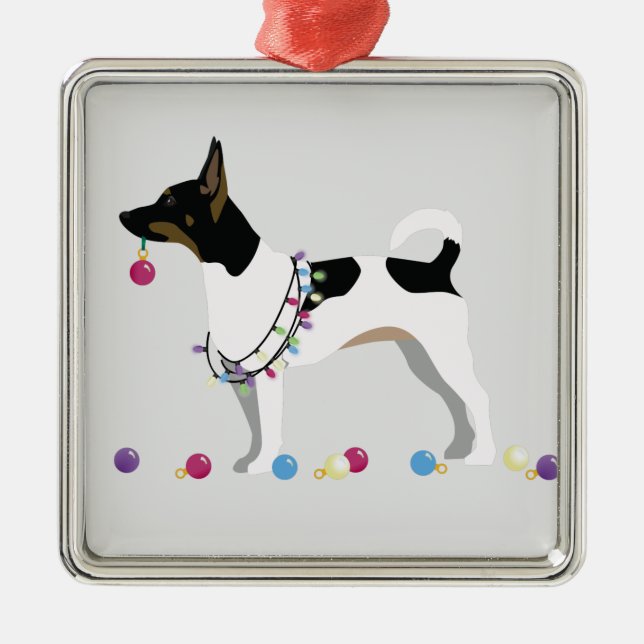 Adorno Metálico Diseño de Navidades de Silhouette de Rat Terrier (Frente)