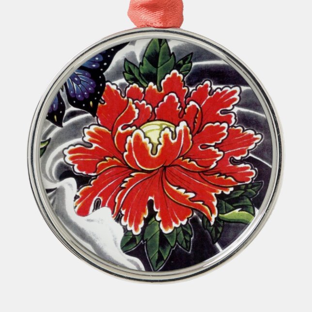 Adorno Metálico Diseño de tatuajes japoneses con flores de Peony (Frente)