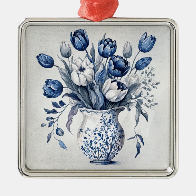 Adorno Metálico Diseño de tulipanes estilo Delft azul y blanco (Frente)