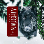 Adorno Metálico Divertido Define Naughty Mascota Photo Keepsake Gi<br><div class="desc">Este divertido adorno de navidad de sake fotográfico sería el regalo perfecto para un mascota propietario esta temporada de vacaciones. El diseño incluye una fotografía de su elección, la divertida tipografía Define Naughty, una tipografía linda y los nombres de los mascotas. El fondo rojo oscuro festivo puede cambiarse a cualquier...</div>