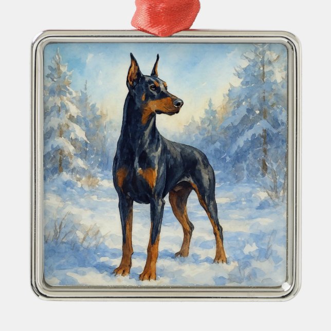 Adorno Metálico Doberman en nieve de invierno (Frente)
