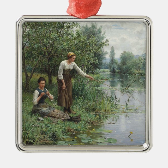 Adorno Metálico Dos mujeres pescando en la hierba junto al río (Frente)