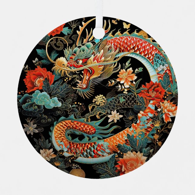 Adorno Metálico Dragón asiático rojo y Verde azulado con flores (Anverso)