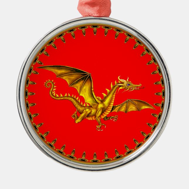 Adorno Metálico dragón dorado con fondo rojo (Frente)