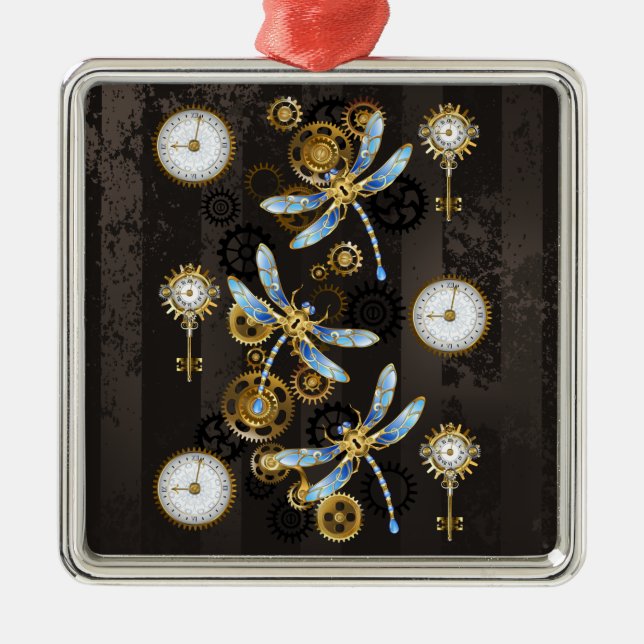 Adorno Metálico Dragoniscos de Steampunk sobre fondo rayado marrón (Frente)