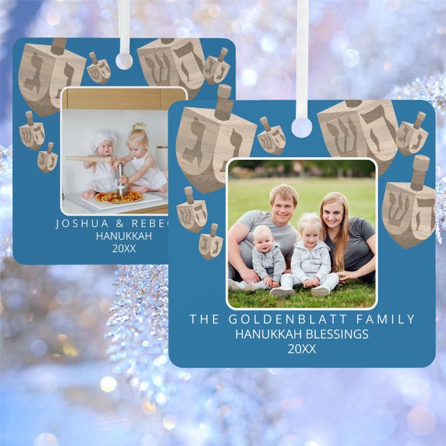 Adorno Metálico Dreidel Rustic Oak 2 Foto de doble cara Hanukkah (Personalize these Hanukkah photo ornaments the same on both sides or use the two photo & text option)