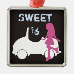 Adorno Metálico Dulce 16 Chica de silueta y coche ~ rosa y azul