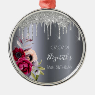 Adorno Metálico Dulce 16 purpurina plateado gotea borgoña floral