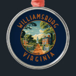 Adorno Metálico El círculo de problemas retro en Williamsburg Virg<br><div class="desc">Diseño de viajes de vector retro de Williamsburg. Williamsburg,  una ciudad del estado de Virginia en los Estados Unidos,  fue la capital de la colonia de Virginia entre 1699 y 1780 y tuvo un rol significativo en la Revolución Americana.</div>